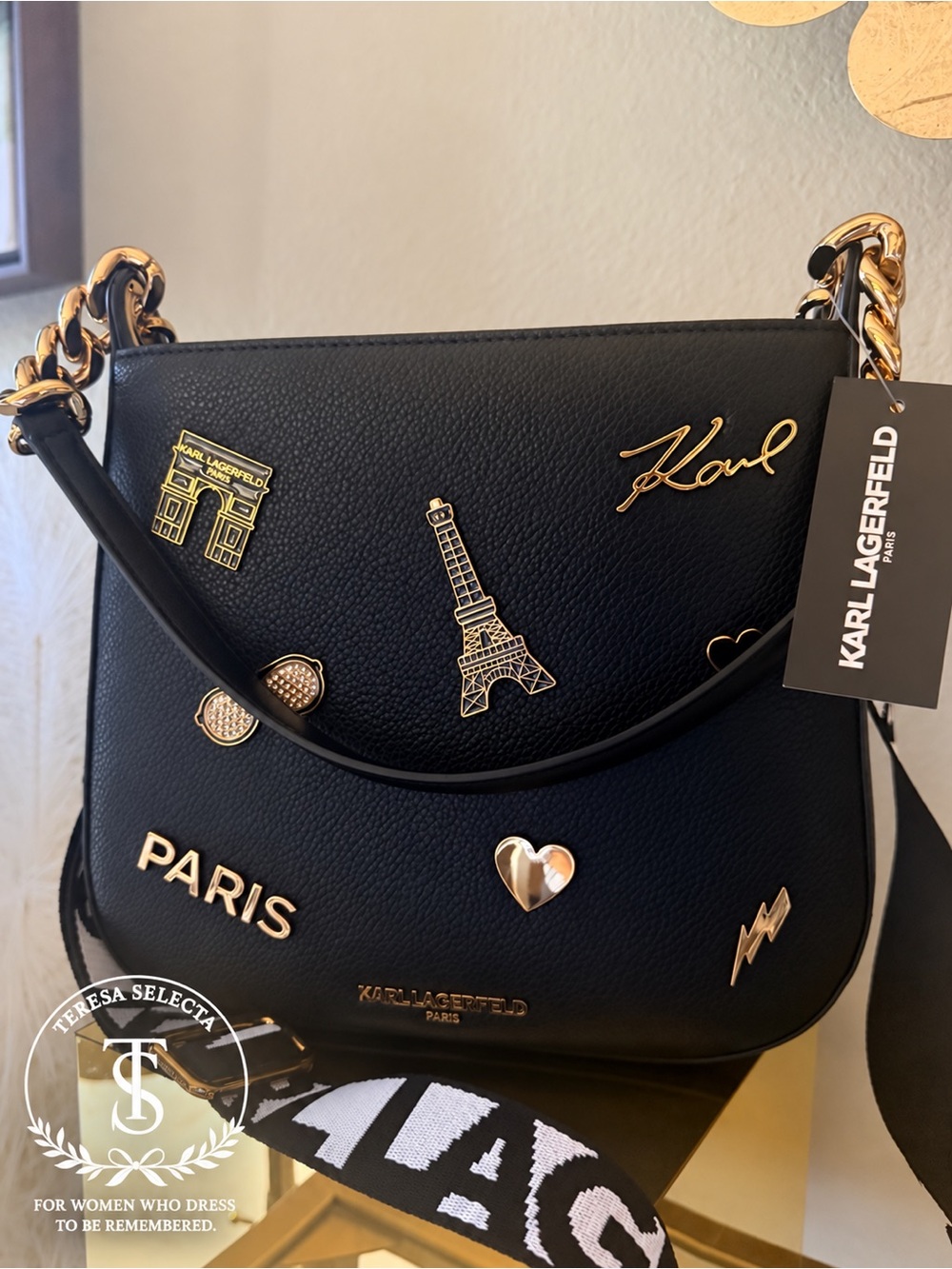 NWT Karl Lagerfeld Paris Black Gold Charm Shoulder Crossbody Bag